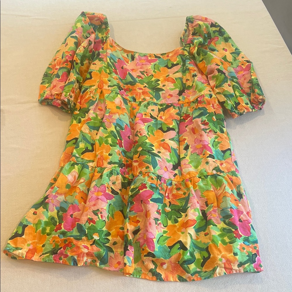 Sanctuary Floral Puff-Sleeve Mini Dress in Green, Pink & Orange